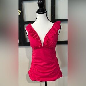 Women's Pink Ruffled V-Neck Swim Top